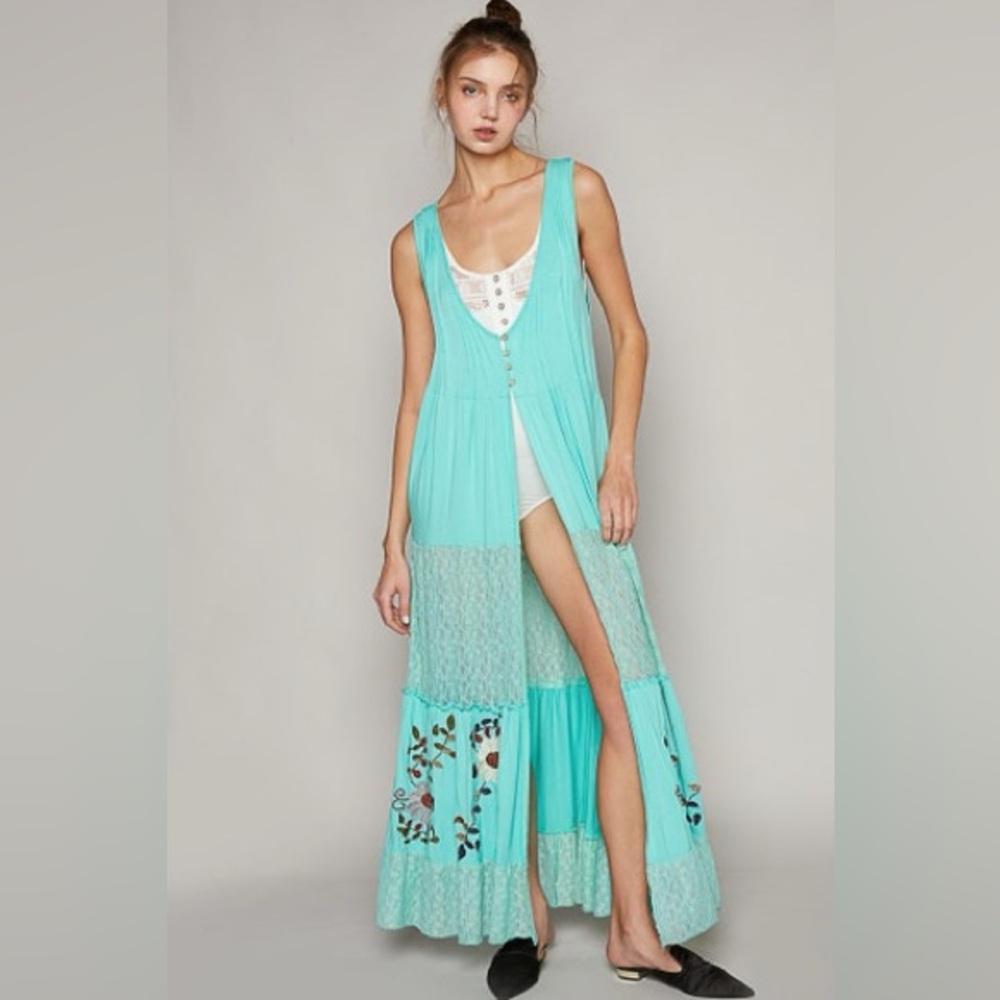 597. POL CLEARANCE Embroidered maxi‎ kimono cardigan turquoise duster green